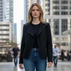 Classiques Entier Women’s Jacket Blazer M – Black Leather Trim Chic Workwear